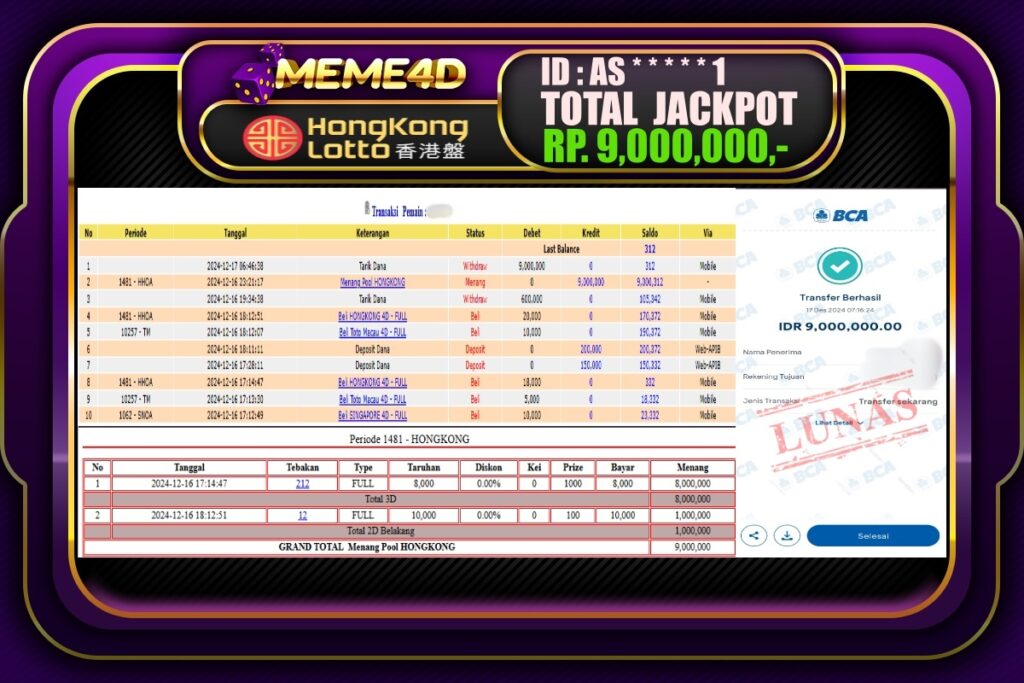 Bukti Jp MEME4D Slot Online 17 DESEMBER 2024