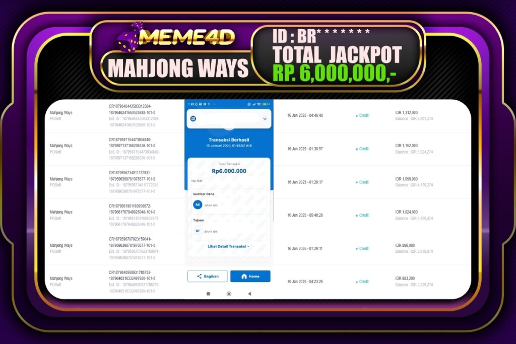 Bukti Jp MEME4D Slot Online 16 JANUARI 2025