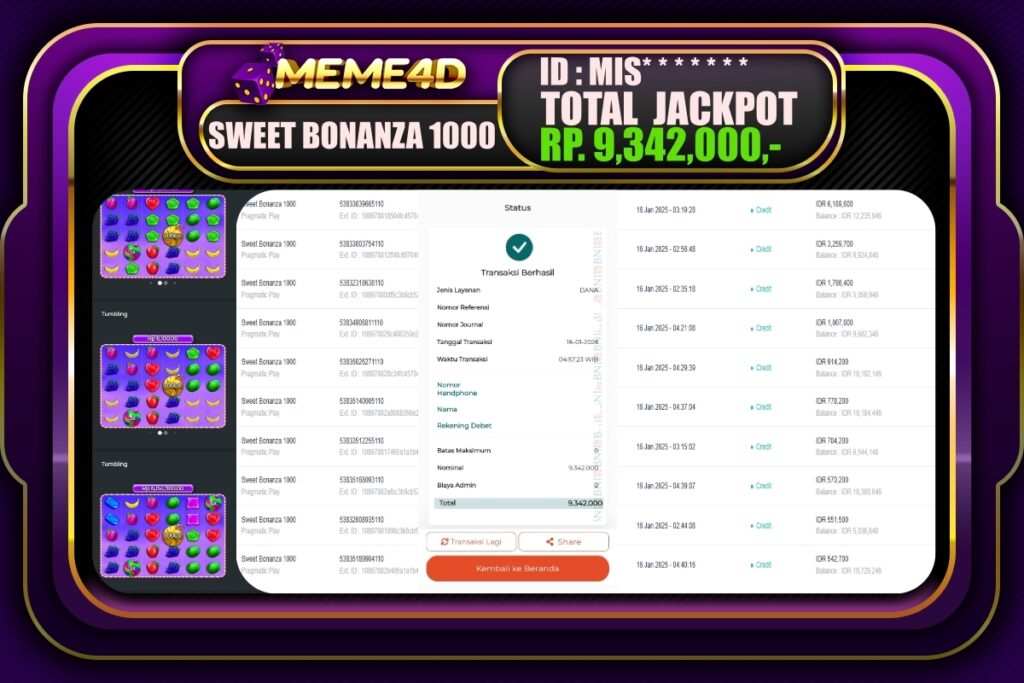 Bukti Jp MEME4D Slot Online 16 JANUARI 2025