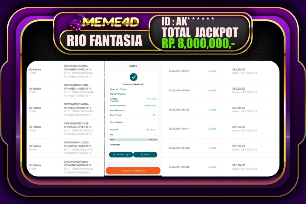 Bukti Jp MEME4D Slot Online 16 JANUARI 2025