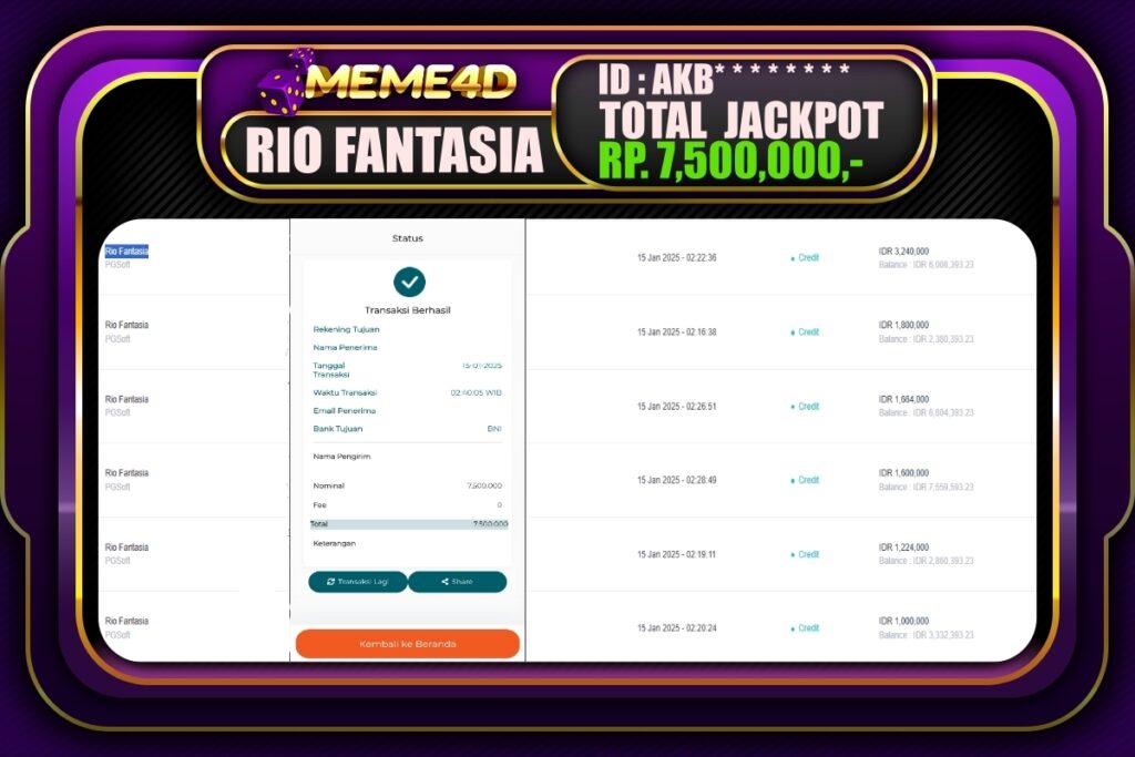 Bukti Jp MEME4D Slot Online 15 JANUARI 2025