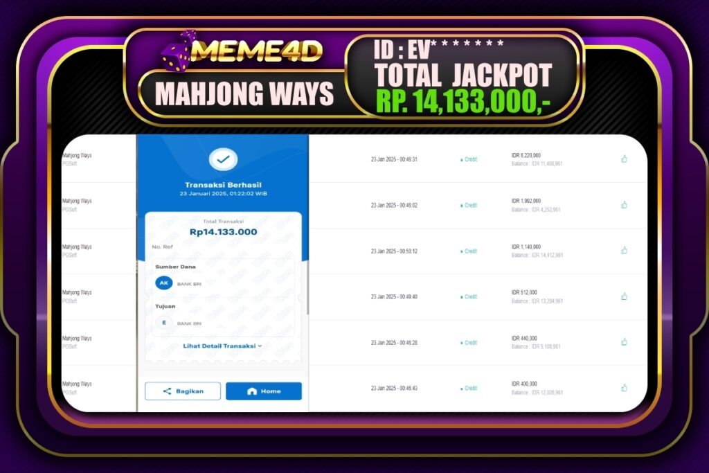 Bukti Jp MEME4D Slot Online 23 JANUARI 2025