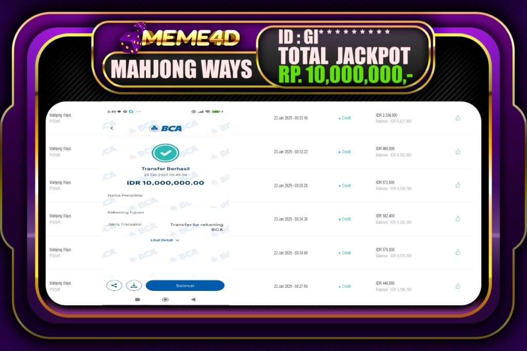 Bukti Jp MEME4D Slot Online 23 JANUARI 2025