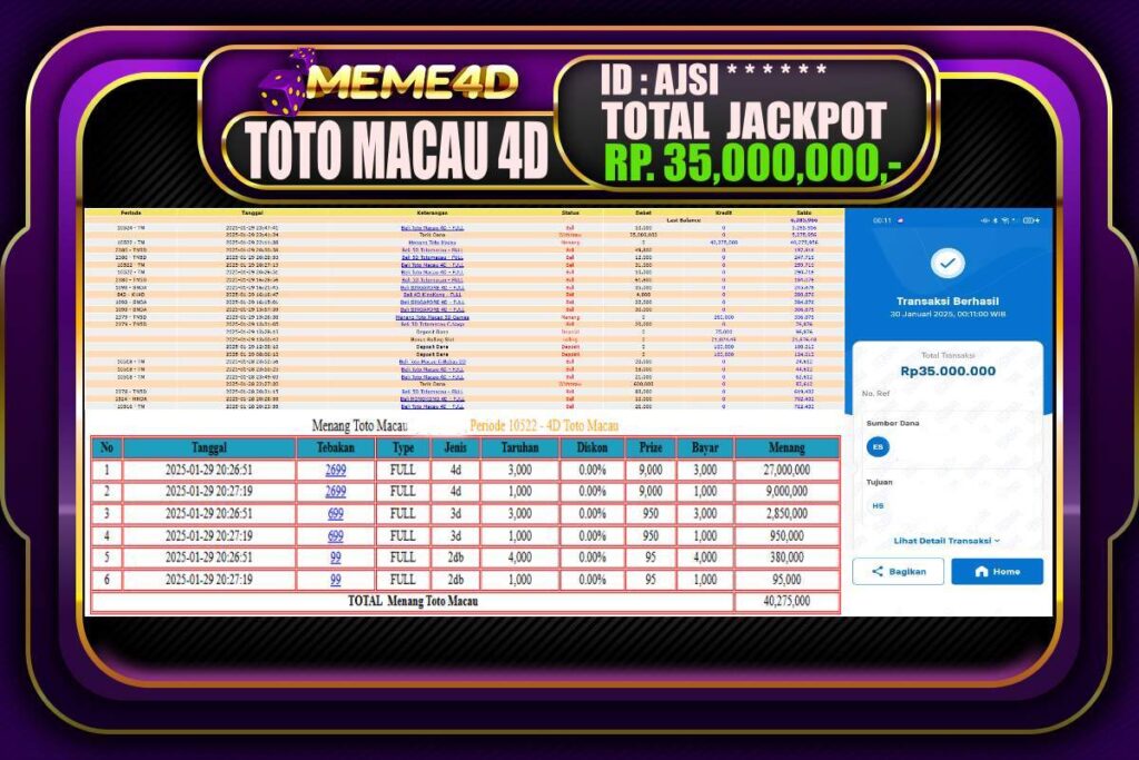 Bukti Jp MEME4D Togel Online 30 JANUARI 2025