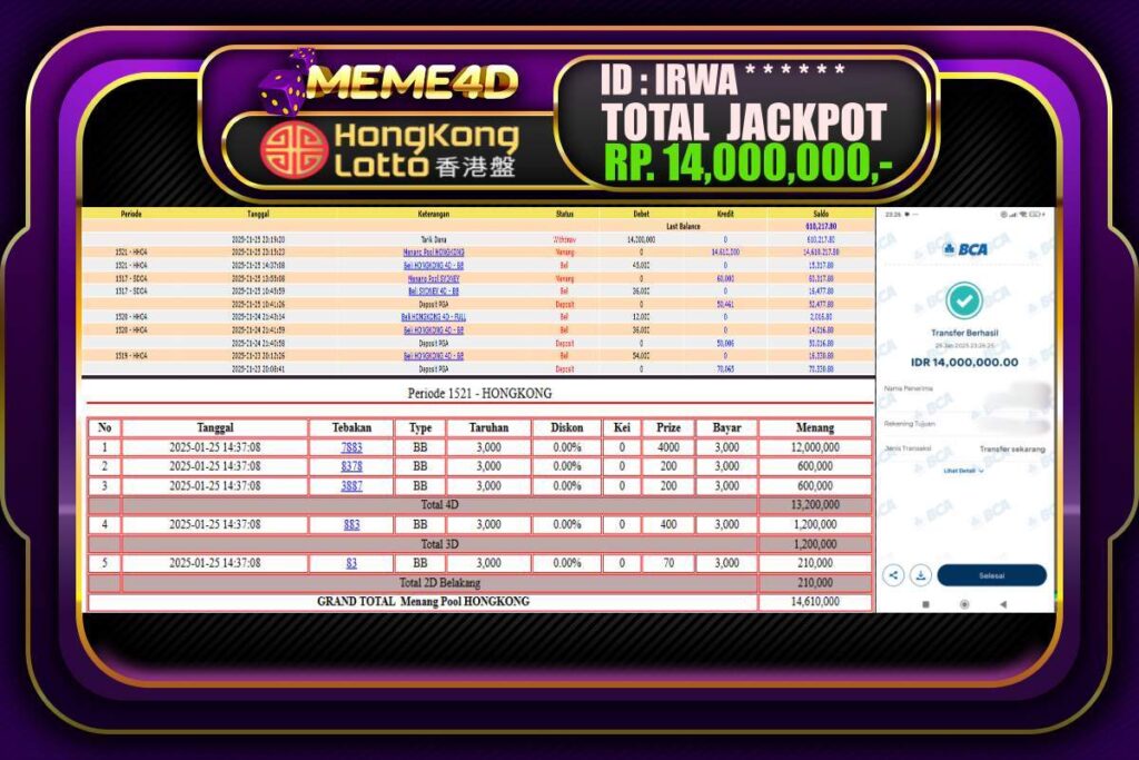 Bukti Jp MEME4D Togel Online 26 JANUARI 2025