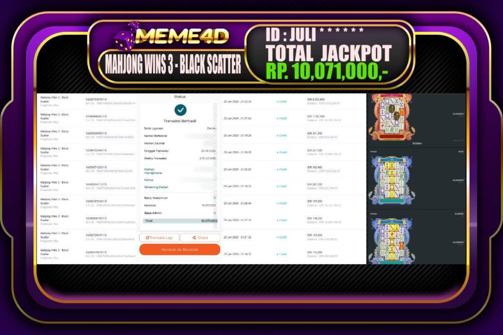 Bukti Jp MEME4D Slot Online 26 JANUARI 2025