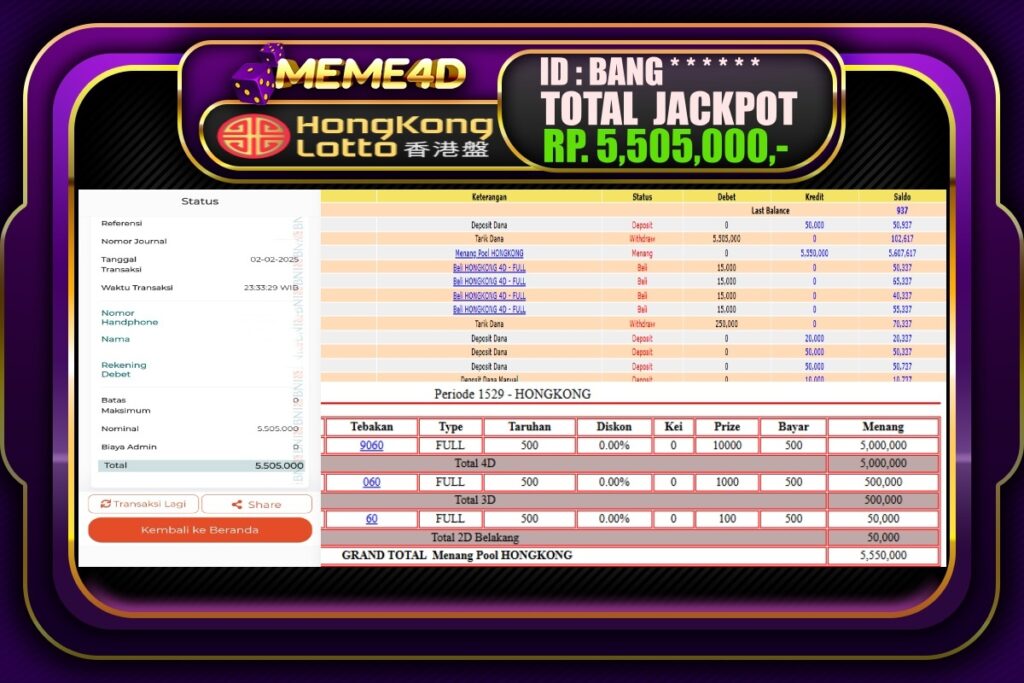 Bukti Jp MEME4D Togel Online 03 Februari 2025