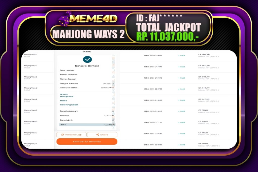 Bukti Jp MEME4D Slot Online 20 Februari 2025