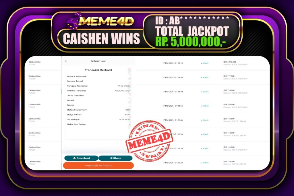 Bukti Jp MEME4D Slot Online 17 Maret 2025