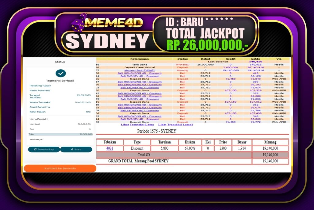 Bukti Jp MEME4D Togel Online 26 Maret 2025