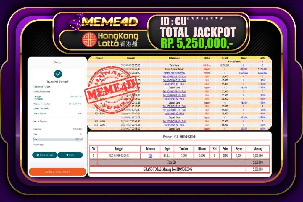 Bukti Jp MEME4D Togel Online 04 Maret 2025