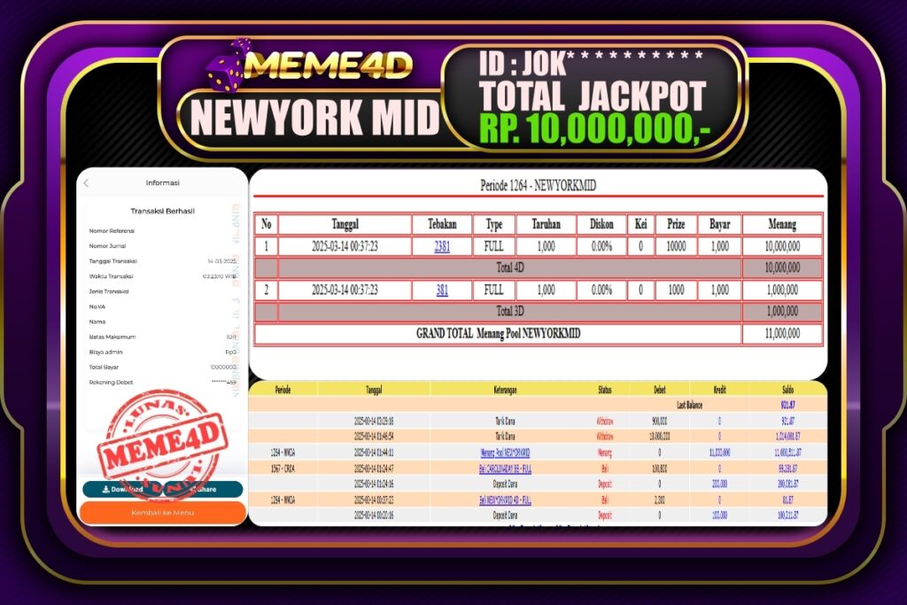 Bukti Jp MEME4D Togel Online 14 Maret 2025
