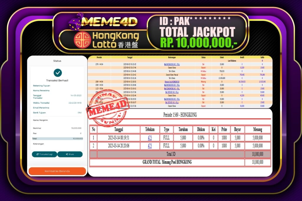 Bukti Jp MEME4D Togel Online 15 Maret 2025