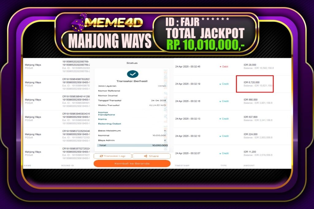 Bukti Jp MEME4D Slot Online 24 April 2025