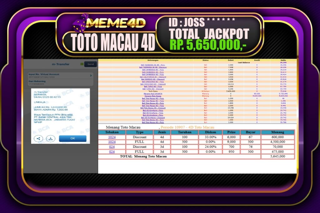 Bukti Jp MEME4D Togel Online 04 April 2025