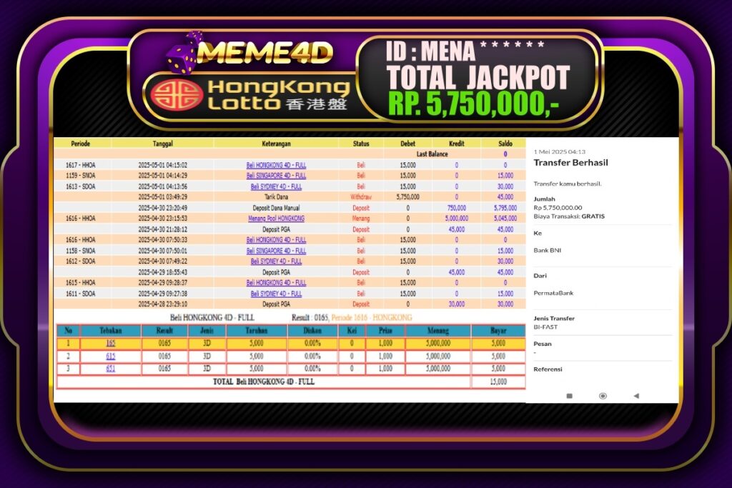 Bukti Jp MEME4D Togel Online 01 Mei 2025
