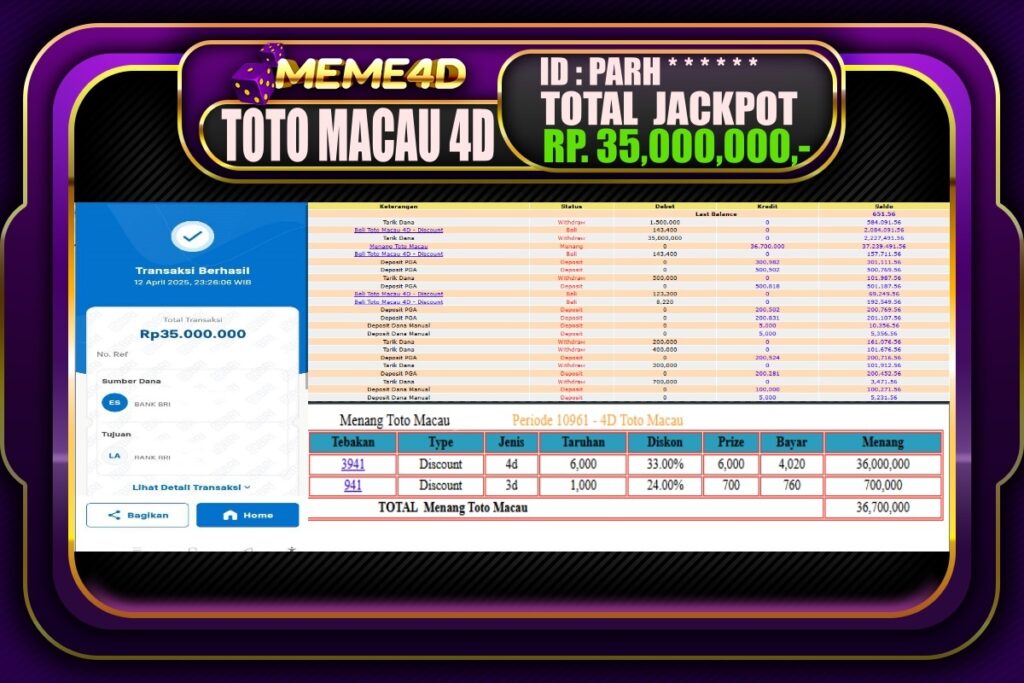 Bukti Jp MEME4D Togel Online 13 April 2025