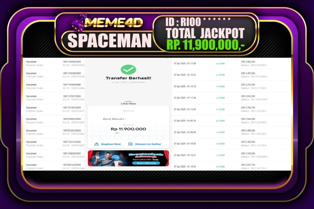 Bukti Jp MEME4D Slot Online 07 April 2025