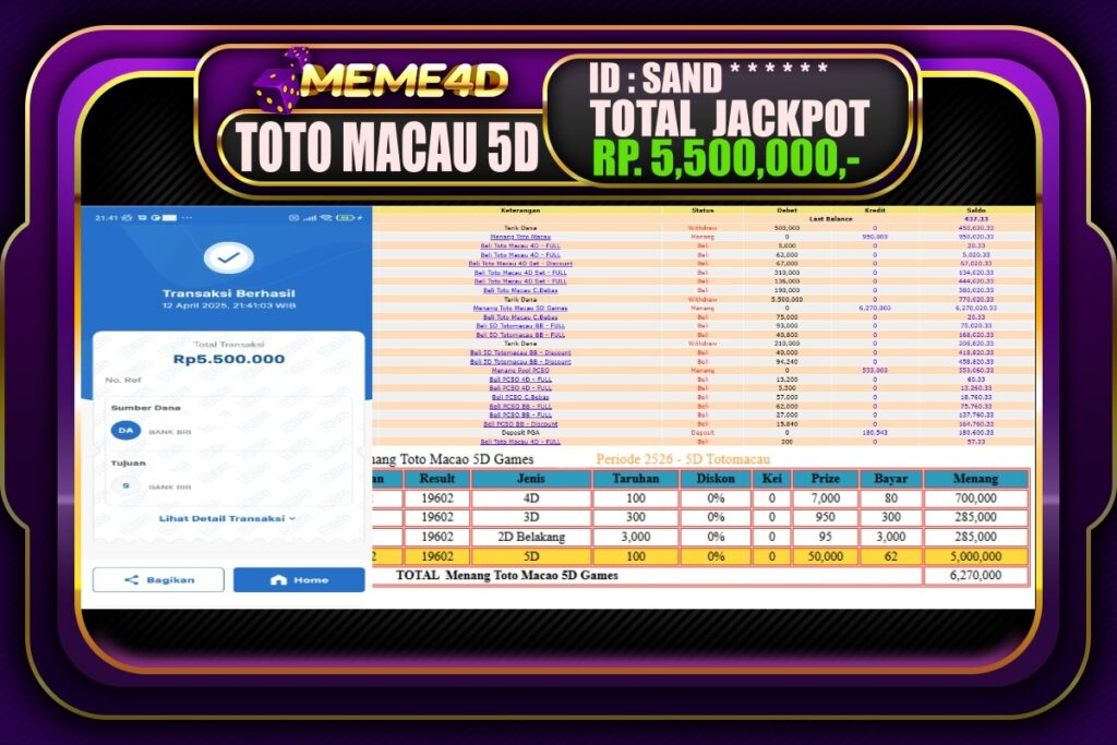 Bukti Jp MEME4D Togel Online 13 April 2025