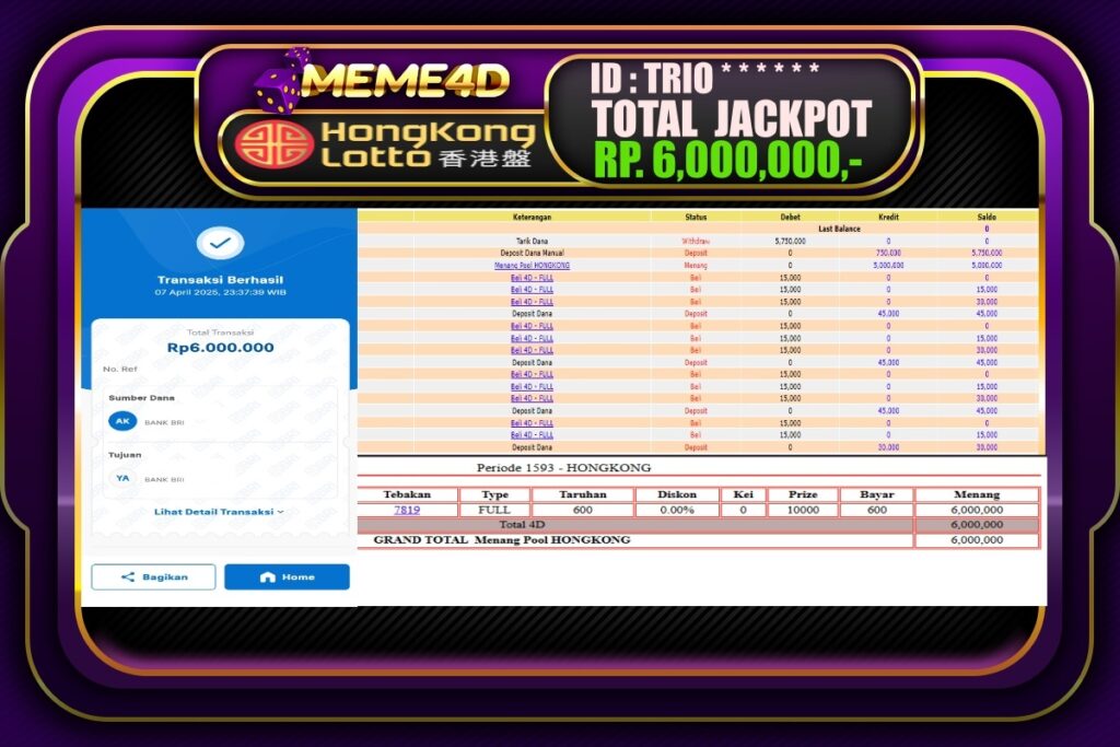 Bukti Jp MEME4D Togel Online 08 April 2025