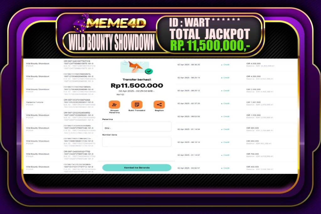 Bukti Jp MEME4D Slot Online 02 April 2025