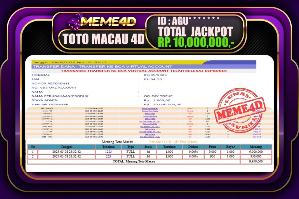 Bukti Jp MEME4D Togel Online 09 Mei 2025