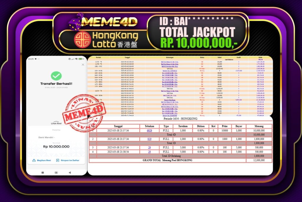 Bukti Jp MEME4D Togel Online 19 Mei 2025