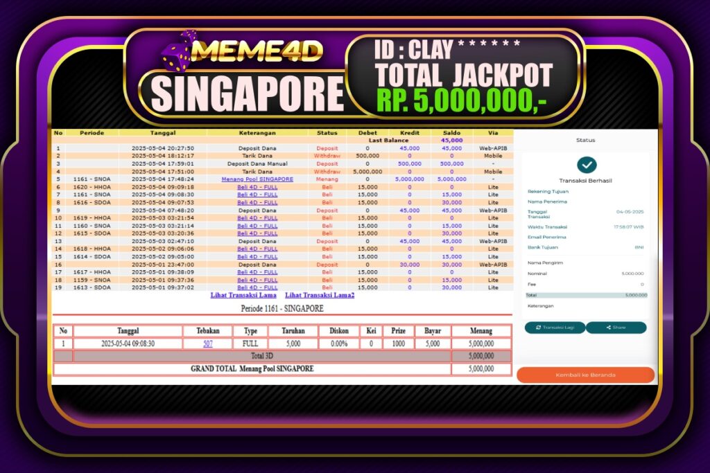 Bukti Jp MEME4D Togel Online 05 Mei 2025