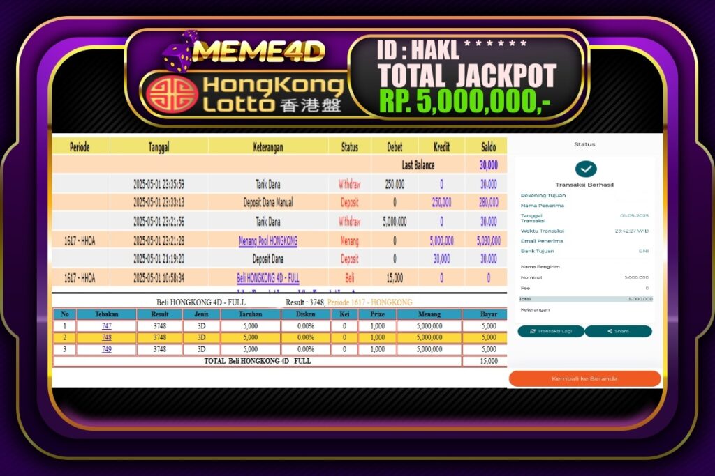 Bukti Jp MEME4D Togel Online 02 Mei 2025
