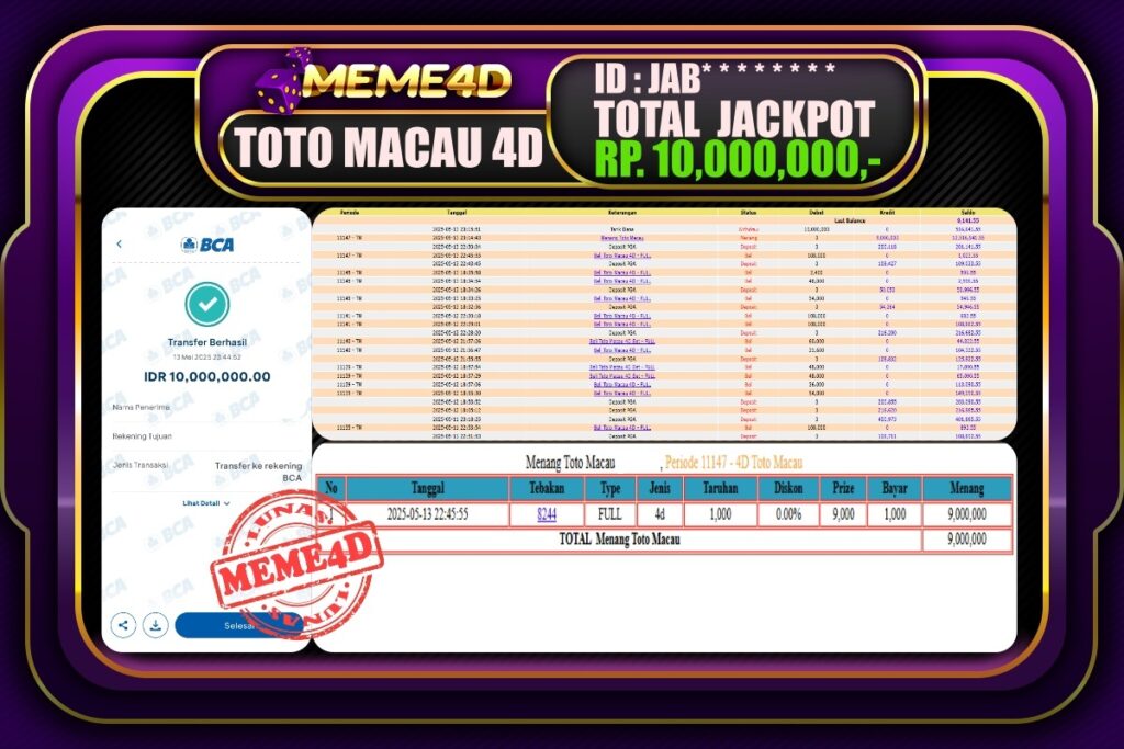 Bukti Jp MEME4D Togel Online 14 Mei 2025