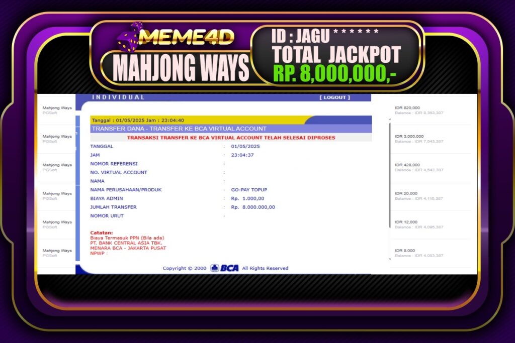 Bukti Jp MEME4D Slot Online 02 Mei 2025