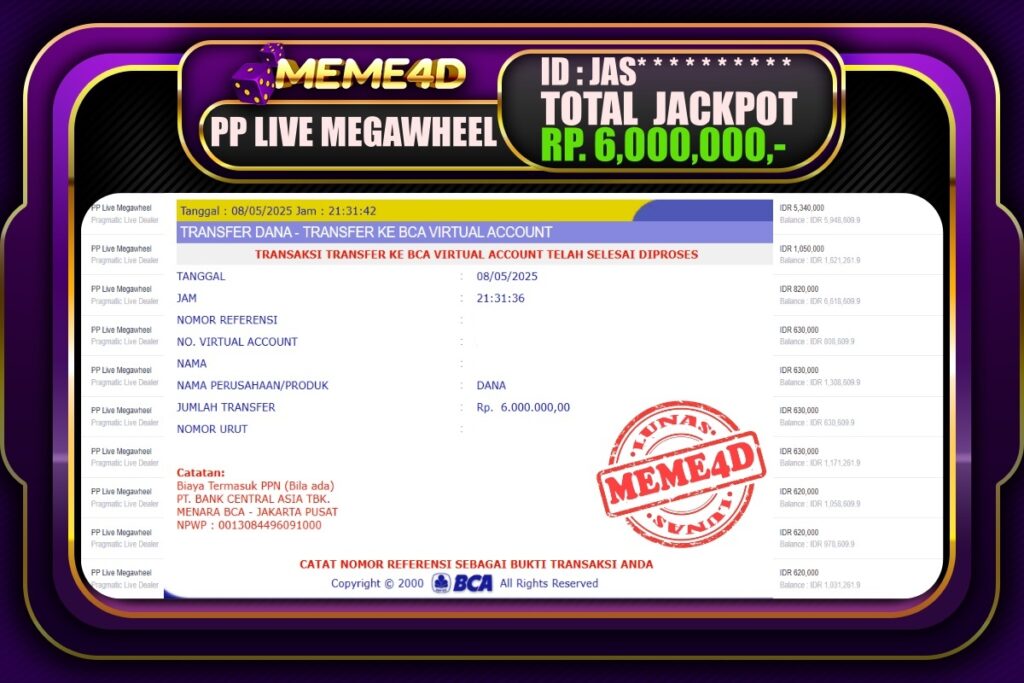 Bukti Jp MEME4D Casino Online 09 Mei 2025