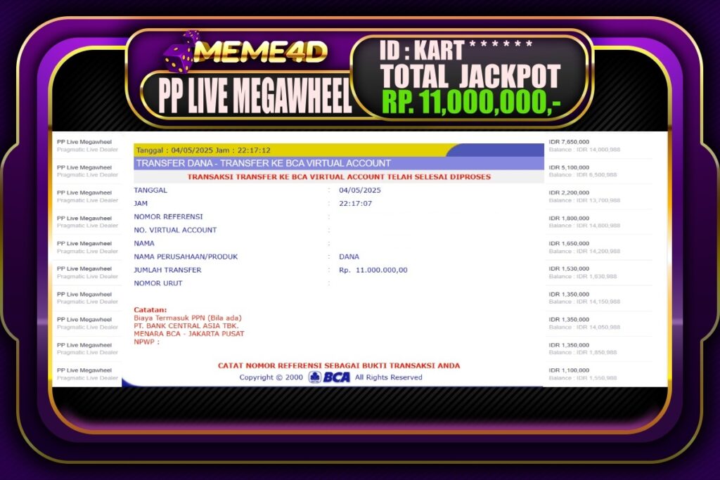 Bukti Jp MEME4D Casino Online 05 Mei 2025