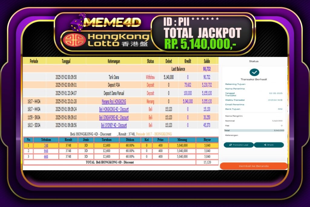 Bukti Jp MEME4D Togel Online 02 Mei 2025