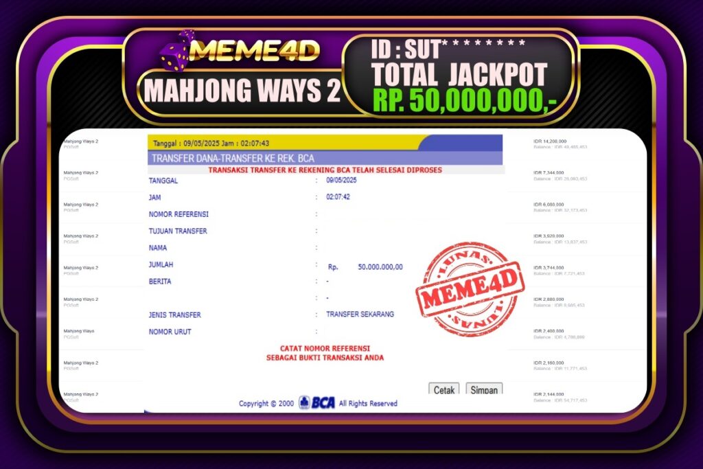 Bukti Jp MEME4D Slot Online 09 Mei 2025