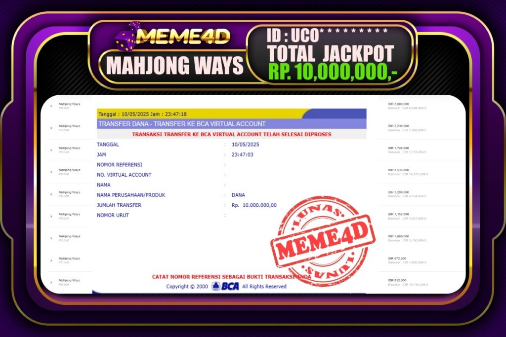 Bukti Jp MEME4D Slot Online 11 Mei 2025