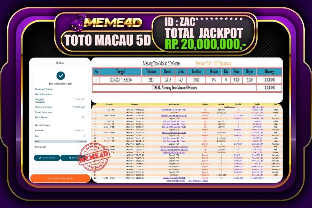 Bukti Jp MEME4D Togel Online 18 Mei 2025