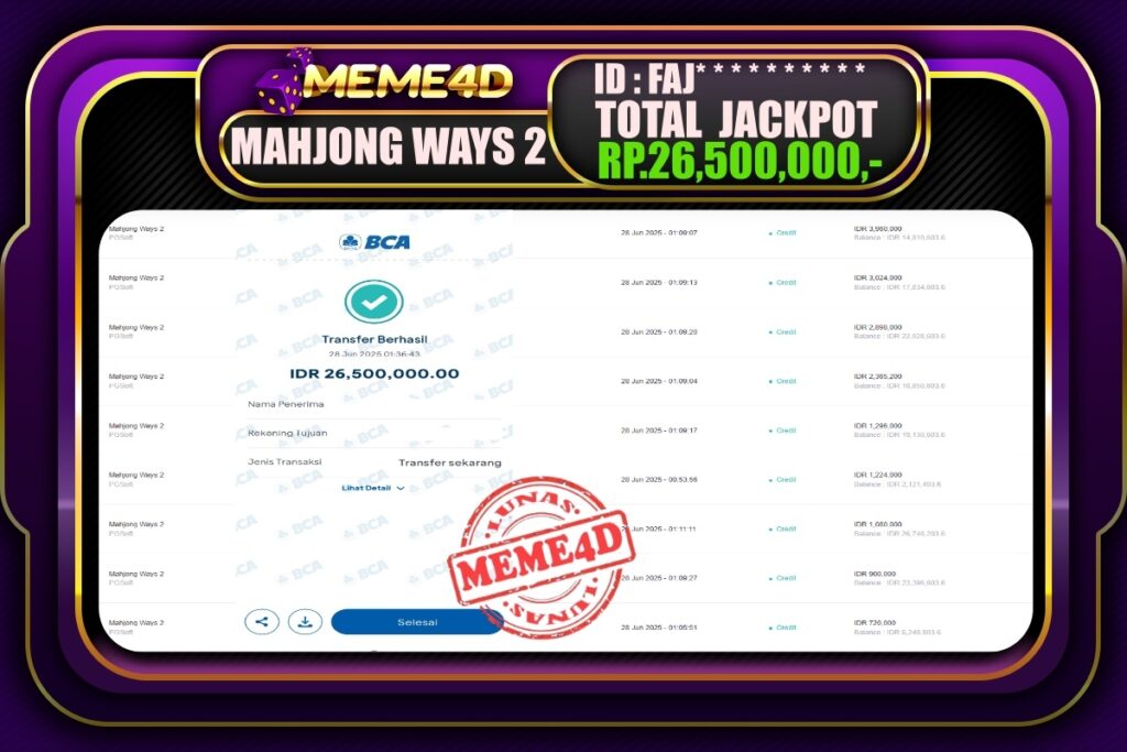 Bukti Jp MEME4D Slot Online 28 Juni 2025