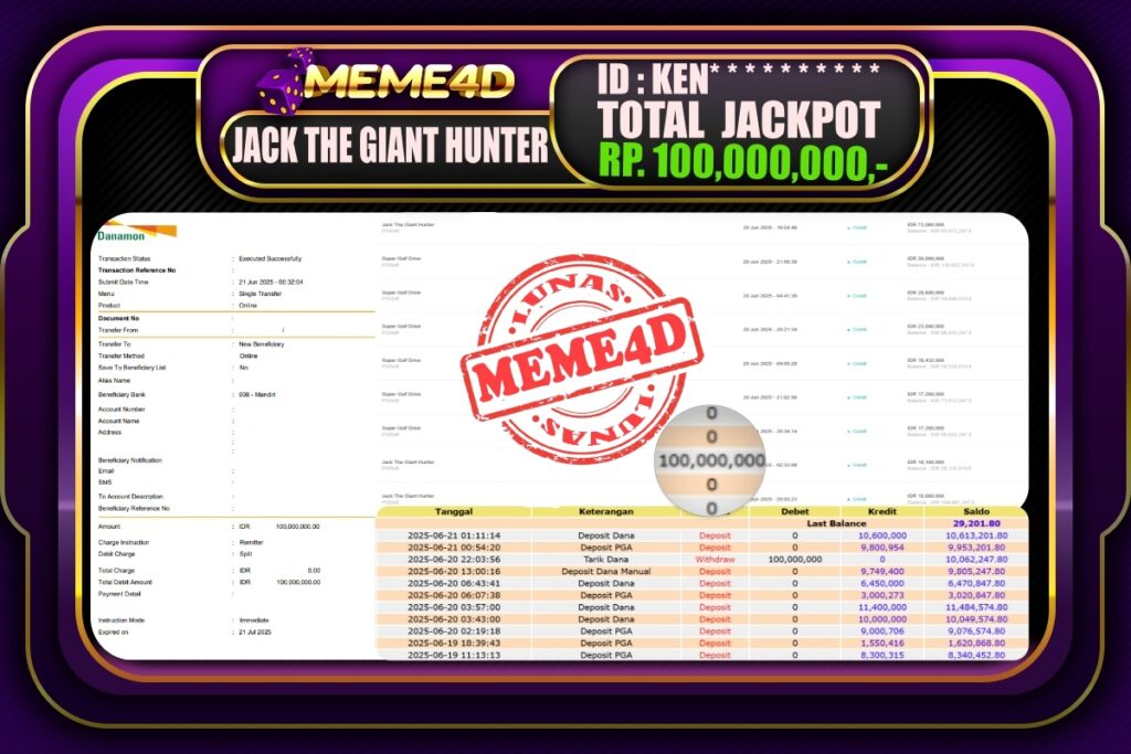 Bukti Jp MEME4D Slot Online 21 Juni 2025