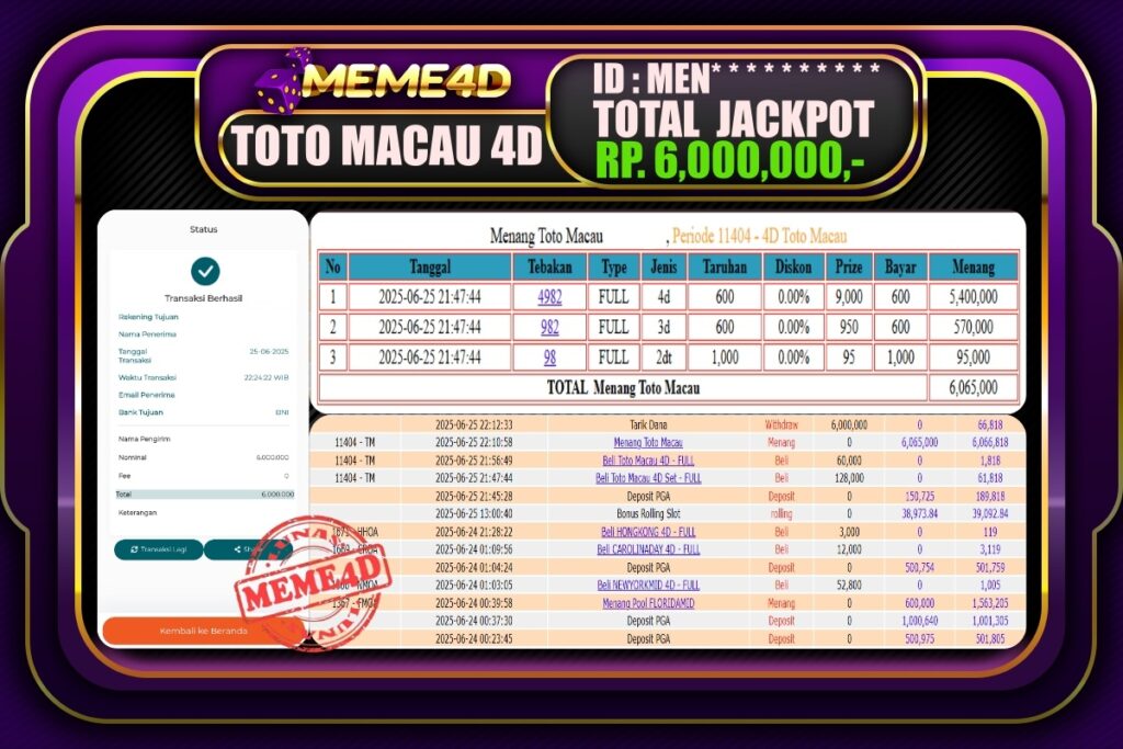 Bukti Jp MEME4D Togel Online 26 Juni 2025