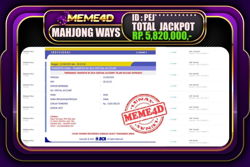 Bukti Jp MEME4D Slot Online 21 Juni 2025