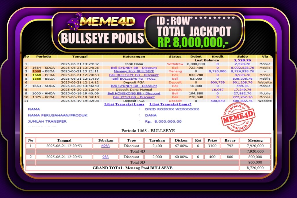 Bukti Jp MEME4D Togel Online 22 Juni 2025