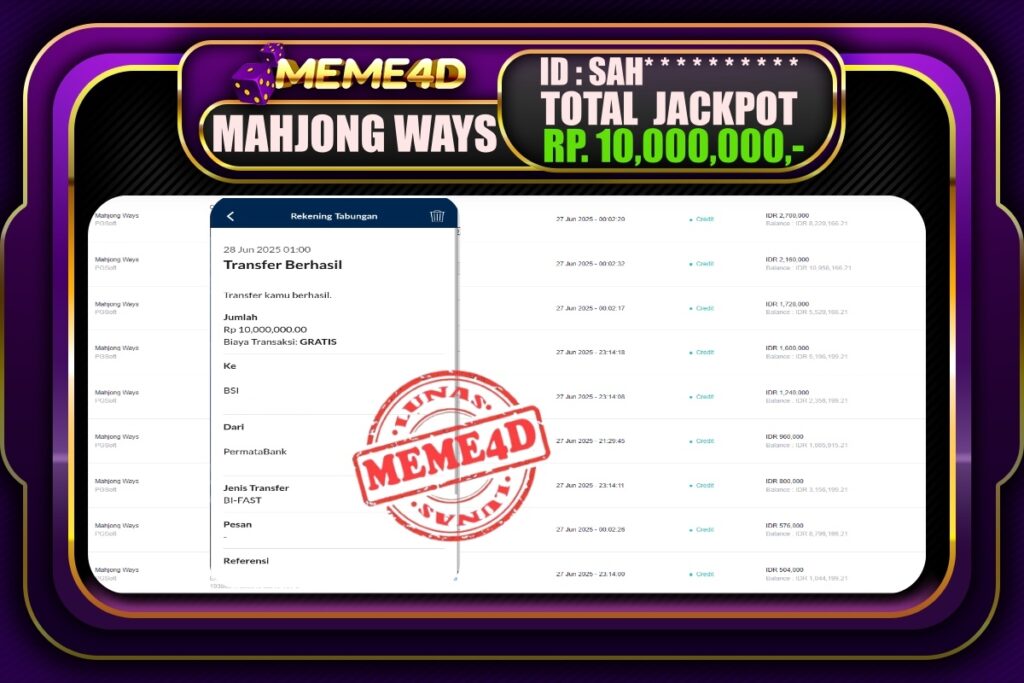 Bukti Jp MEME4D Slot Online 28 Juni 2025