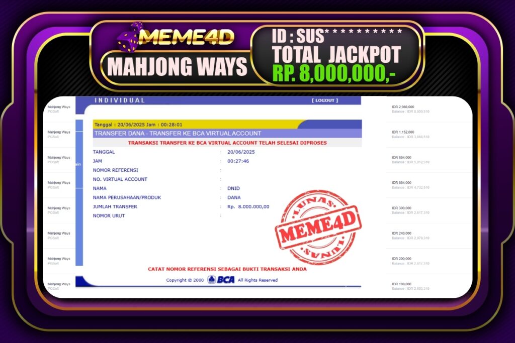 Bukti Jp MEME4D Slot Online 20 Juni 2025