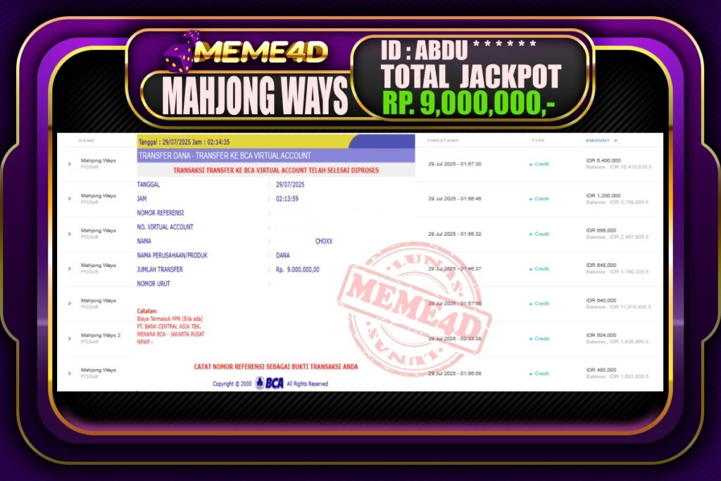 Bukti Jp MEME4D Slot Online 29 Juli 2025
