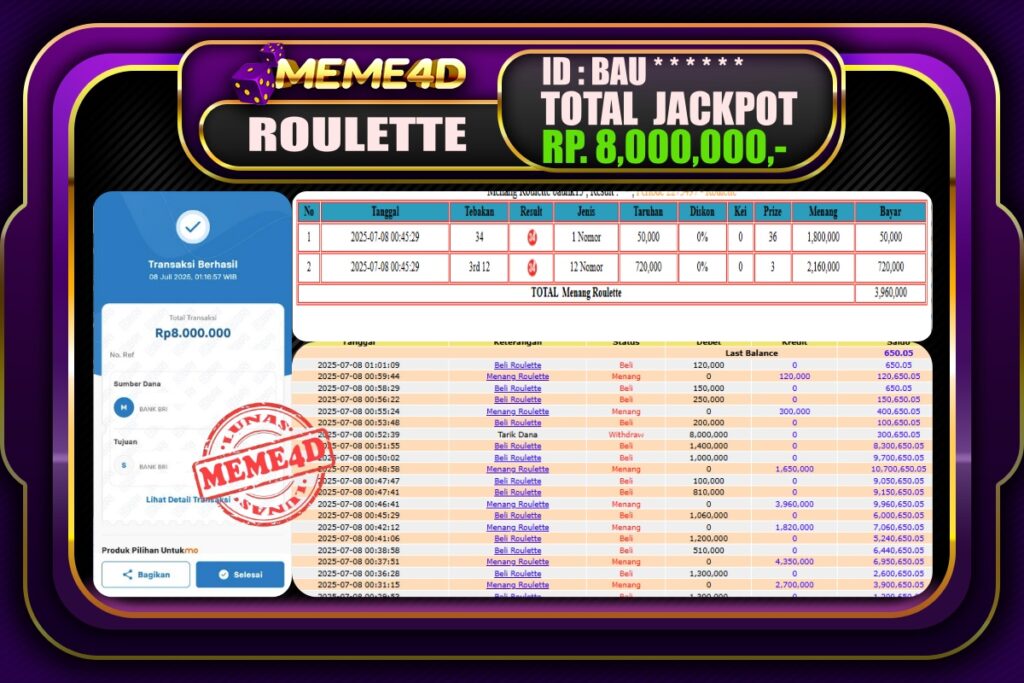 Bukti Jp MEME4D Casino Online 08 Juli 2025