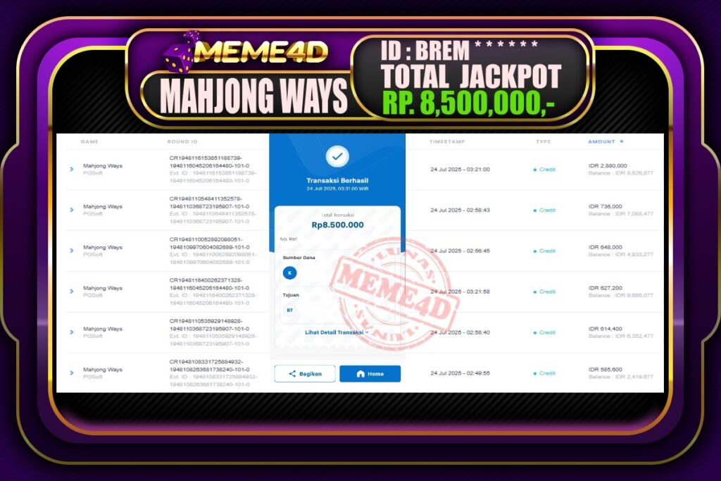 Bukti Jp MEME4D Slot Online 24 Juli 2025