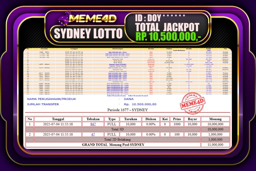 Bukti Jp MEME4D Togel Online 05 Juli 2025