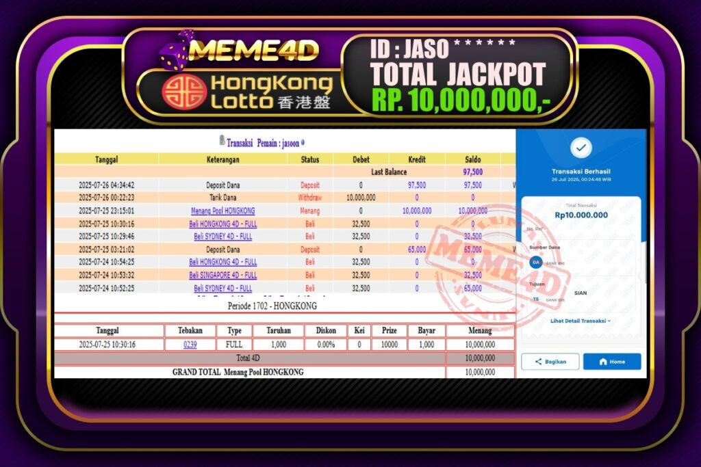 Bukti Jp MEME4D Togel Online 26 Juli 2025