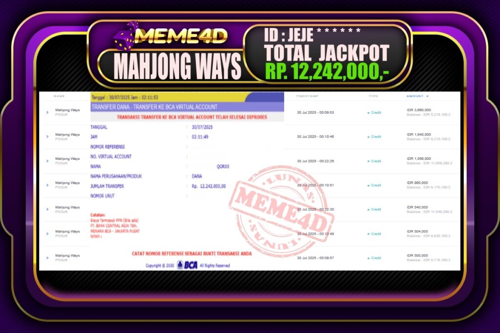 Bukti Jp MEME4D Slot Online 30 Juli 2025